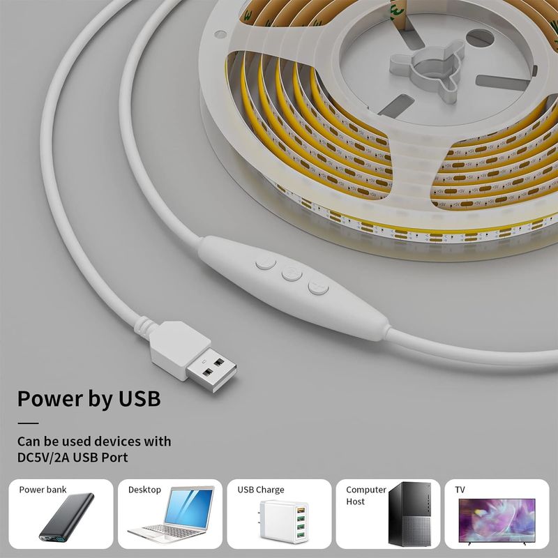 COB LED Strip Light CCT Tunable 560LEDs CRI90 2m Dimmable 2700K-6500K 24V LED Tape Lights Kit untuk Kamar Tidur Di Bawah Lemari