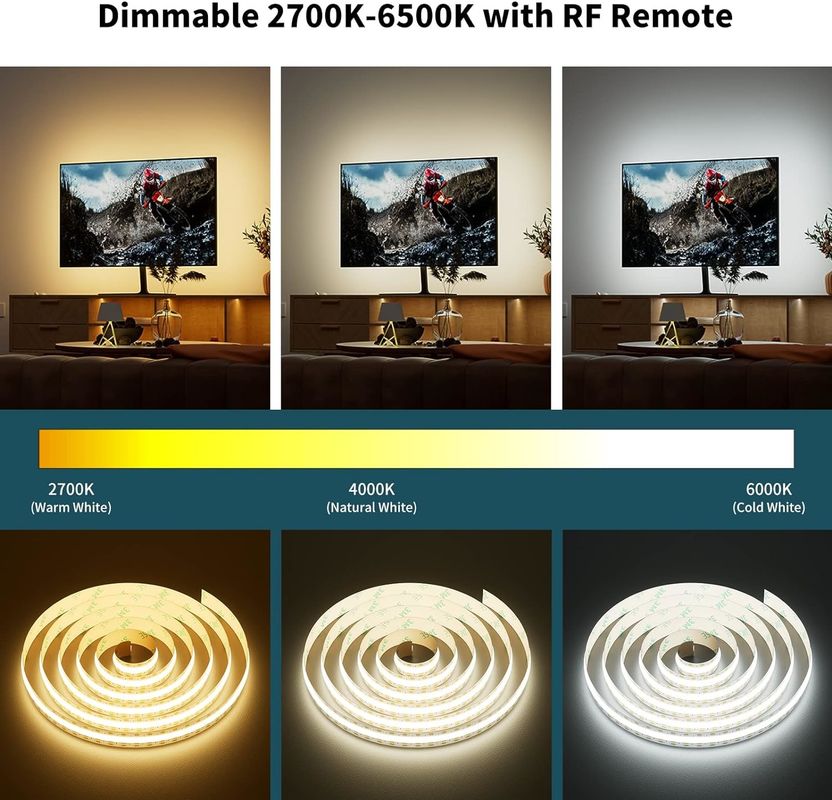 COB LED Strip Light CCT Tunable 560LEDs CRI90 2m Dimmable 2700K-6500K 24V LED Tape Lights Kit untuk Kamar Tidur Di Bawah Lemari