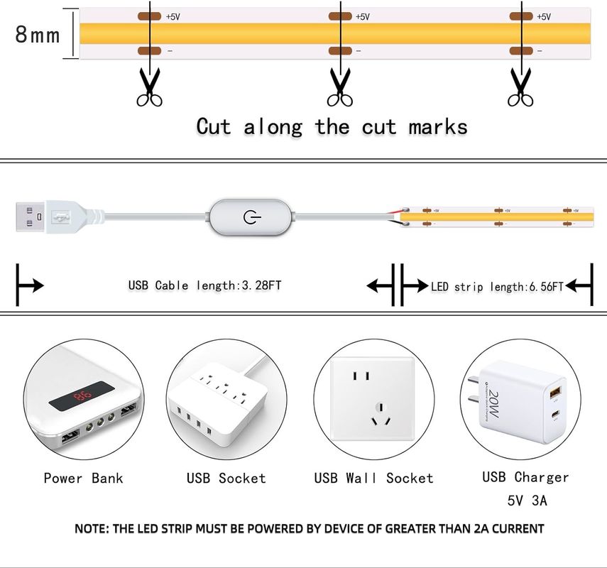 Hongtop COB Led Strip Lampu 5V USB 6.56ft/2m 640LEDs Sentuh Stepless Dimmable 6000K Putih 13W