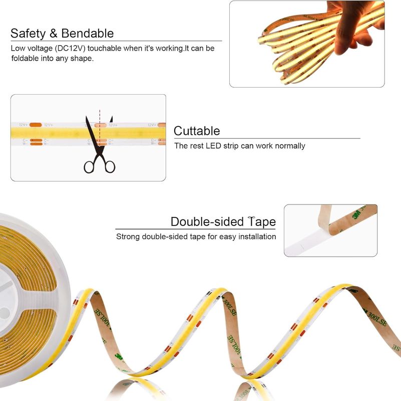 560LED COB LED Strip 90 CRI CCT Fleksibel COB 3M Dengan Adapter Dan Mini RF Controller