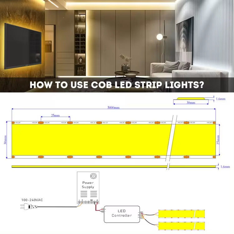 Baru datang super lebar lebar 30mm 1600leds COB led strip 5 baris 40W / M 90 CRI 2700K 6500K COB LED Strip Lampu untuk ruangan