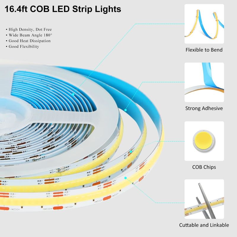 COB LED Strip Lampu CCT (2700K-6500K Tunable) 2M 560LEDs/m CRI90 Led Tape Light Kit dengan kotak paket led strip untuk Rumah