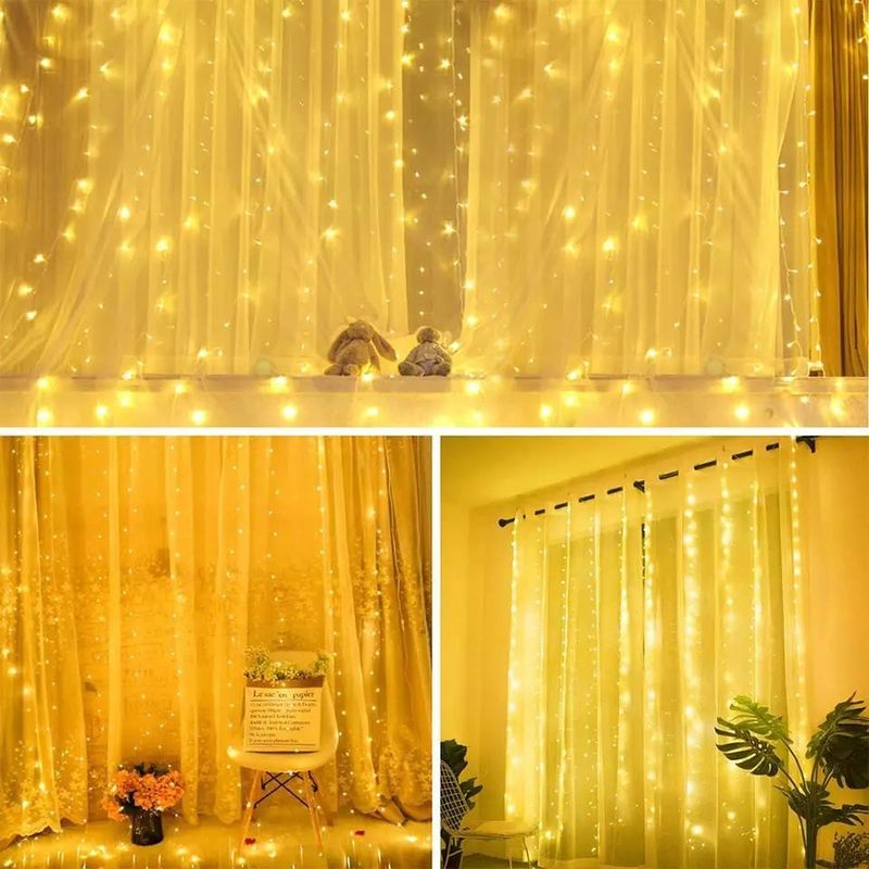 3500K Warm White LED Curtain Light untuk Dekorasi Kamar Tidur 3x2.4m 240d USB Power Modes