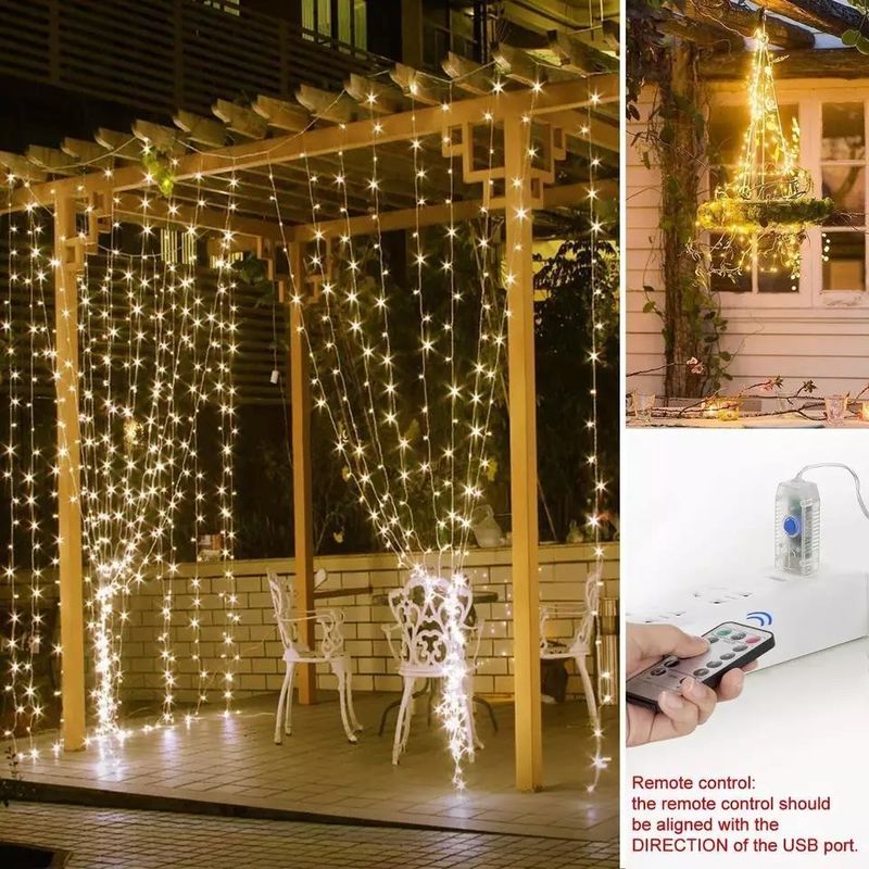 3500K Warm White LED Curtain Light untuk Dekorasi Kamar Tidur 3x2.4m 240d USB Power Modes