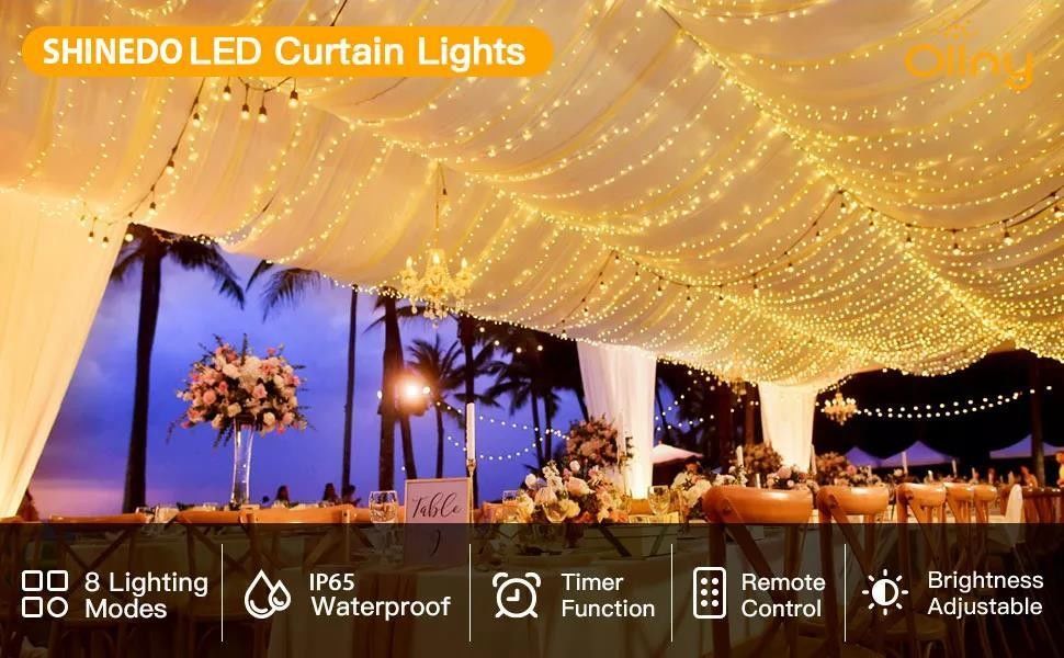 3500K Warm White LED Curtain Light untuk Dekorasi Kamar Tidur 3x2.4m 240d USB Power Modes