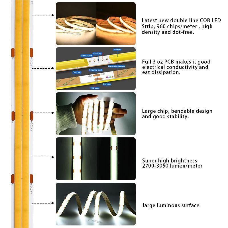 10m/roll Double Lines 600leds 12v 24v Ra80 12mm Fleksibel COB Led Fleksibel Strip Light